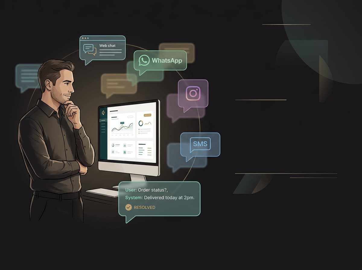 A confident customer-experience manager calmly overseeing simultaneous conversations across multiple channels