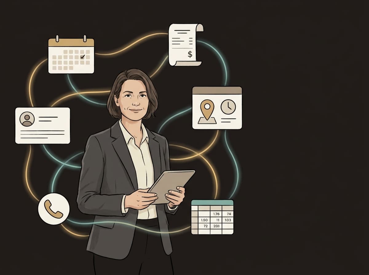 A confident operations lead at the centre of a network of stylized tools (calendar, customer record, billing, dispatch, phone, spreadsheet) connected by glowing data lines