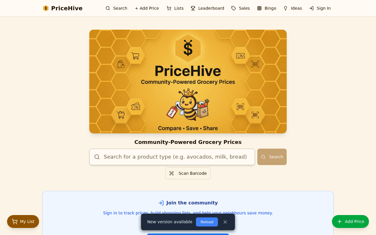 PriceHive — live screenshot