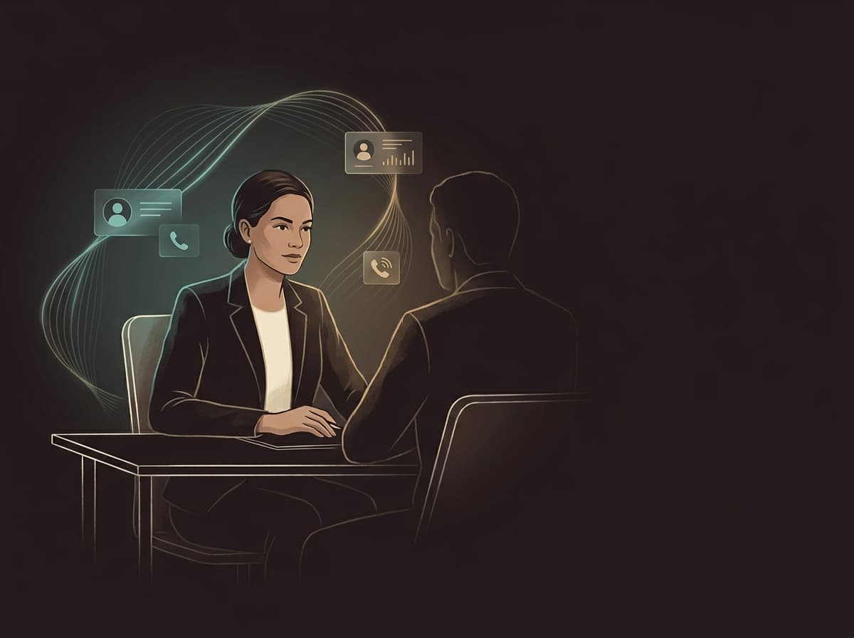 A recruiter in a one-on-one conversation with a candidate; AI handles the queue of pre-screening tasks behind her