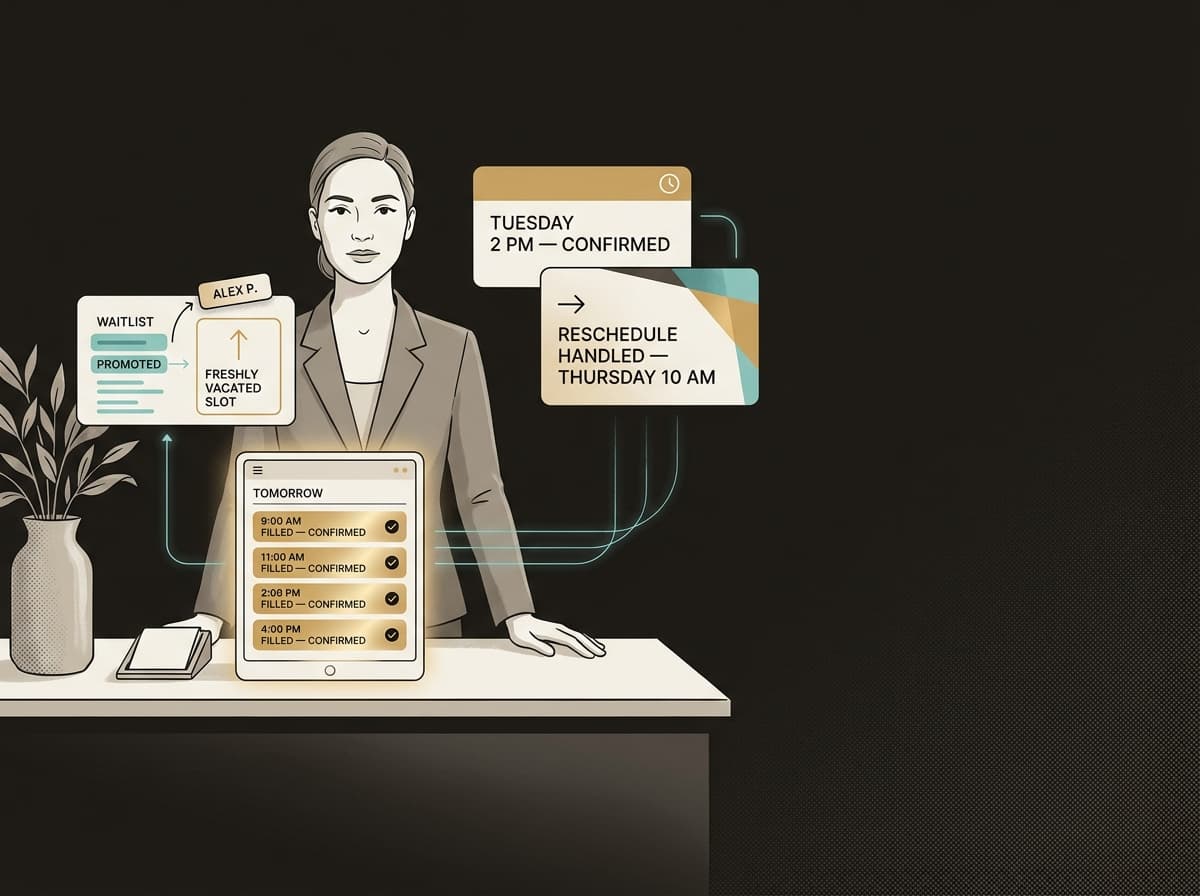 A calm front-desk owner at a tidy reception counter while confirmations and reschedules are handled automatically and a waitlisted name fills a freshly-vacated slot