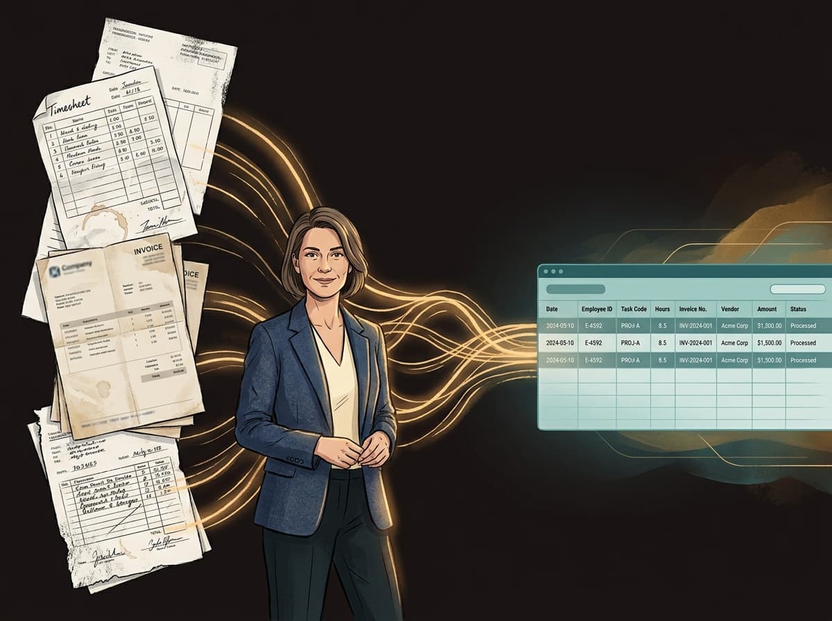 A stack of paper documents being transformed mid-air into clean structured data on a digital dashboard while an operations manager watches calmly