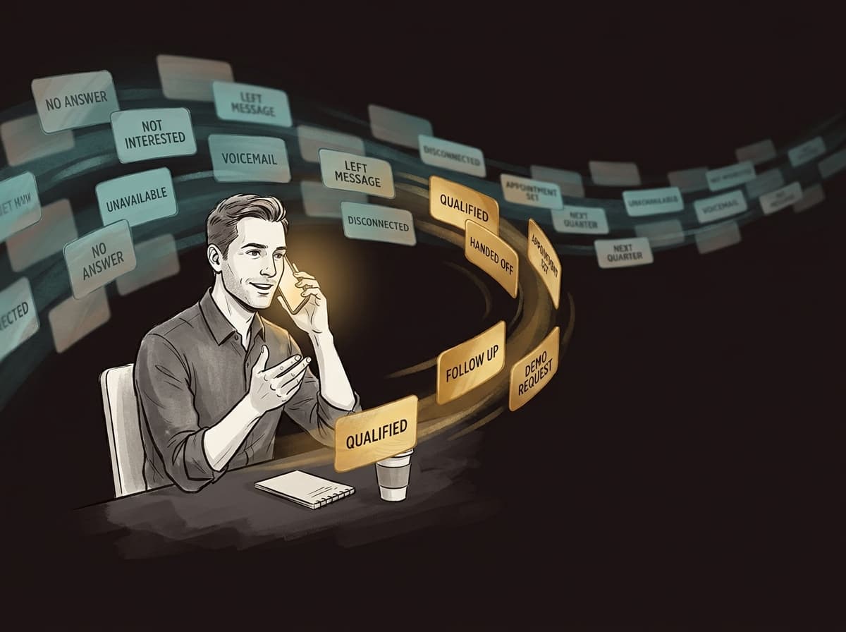 A confident sales closer mid-conversation with a single hot lead, while a long list of contacts is being processed in the background and only the qualified ones flow toward him