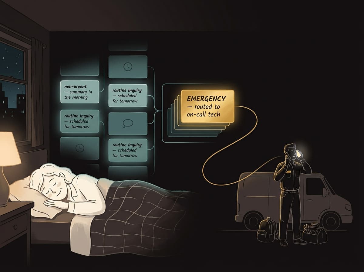 A small business owner asleep peacefully at night while routine calls are quietly tagged for the morning and a single emergency is routed live to an on-call technician