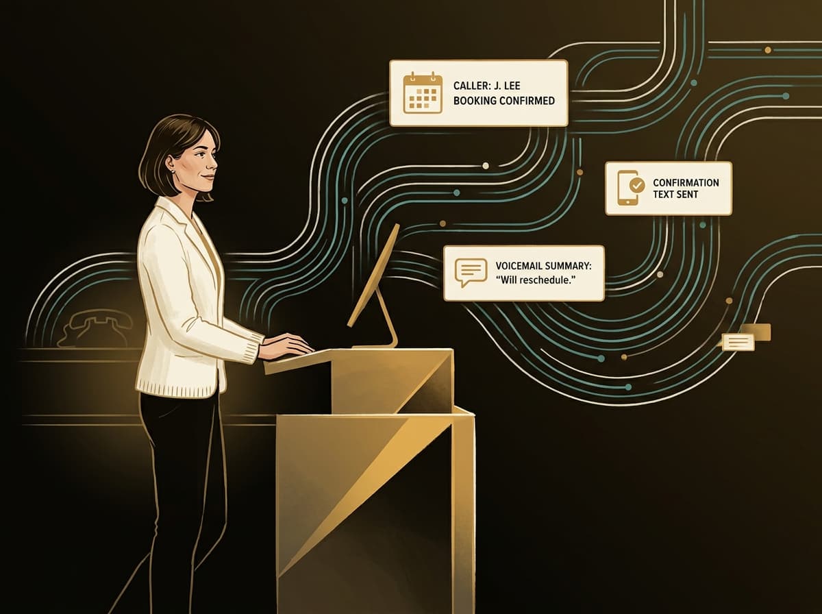 A calm small business owner standing at a front desk while an AI voice agent handles incoming calls, bookings, and confirmations in the background
