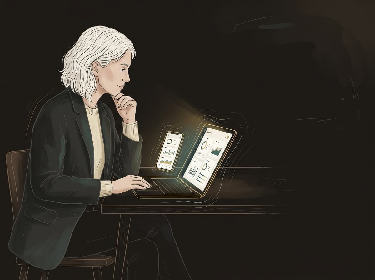 A thoughtful product builder working on a laptop with a complementary mobile dashboard alongside; warm gold light around the devices suggests the app is live